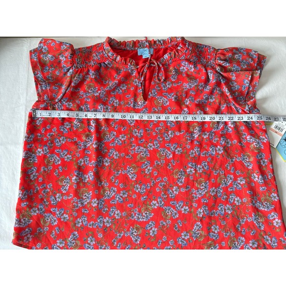CeCe Flutter Sleeve Floral Print Tie Neck Blouse in Poppy Red Size 2X - Picture 8 of 8